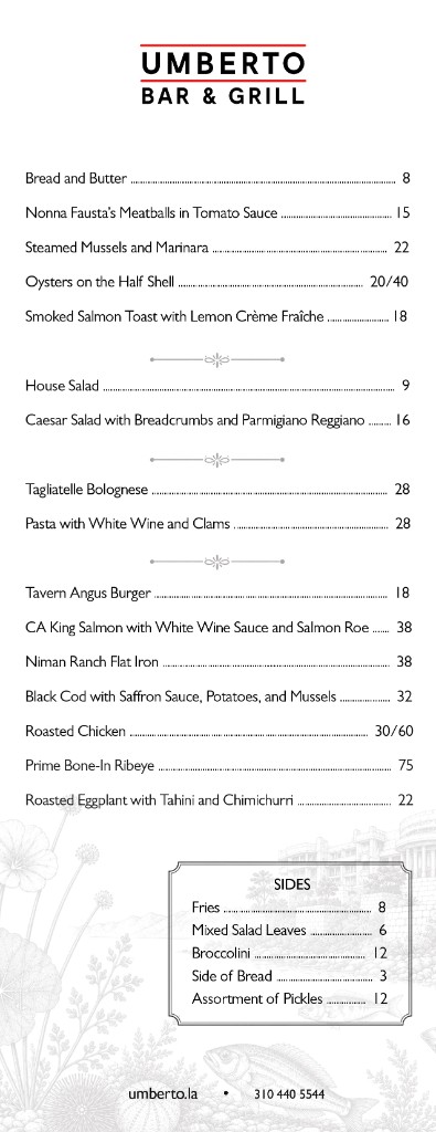 Main Menu - Starters, Salads, Pasta, and Entrees